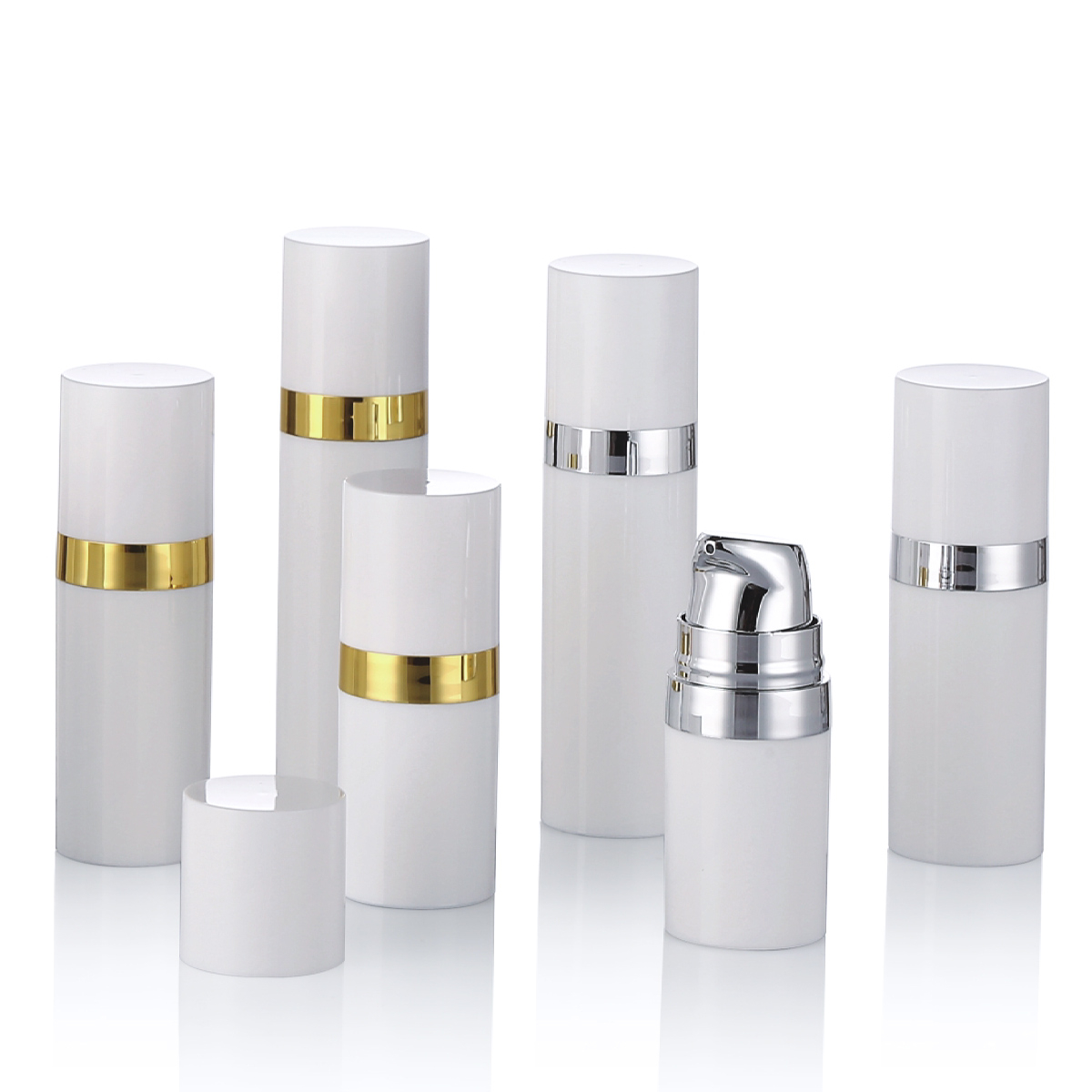 15ml 30ml 50ml White airless pump bote na may gintong linya cap pp airless cosmetic bote para sa lotion cream l15